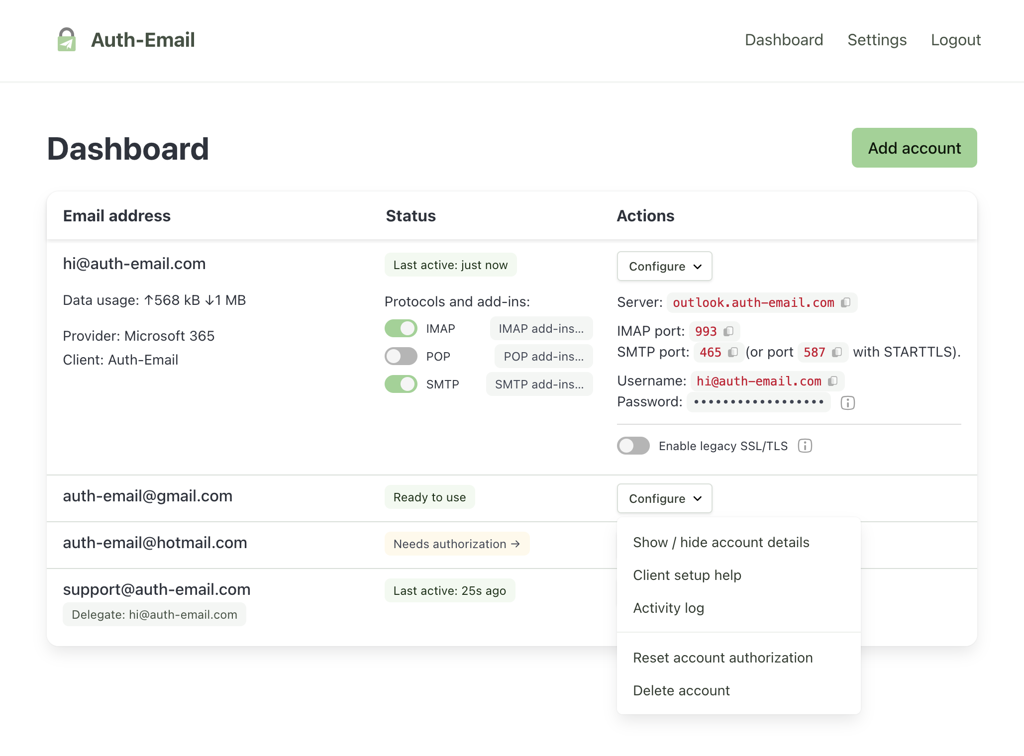 Auth-Email dashboard showing email accounts, connected apps, usage monitoring, and revoke controls