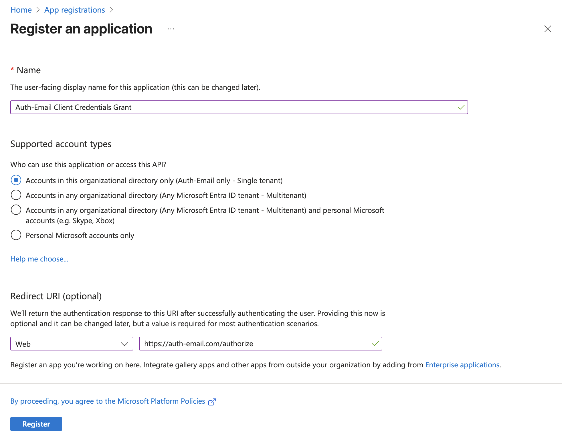 Entra application configuration