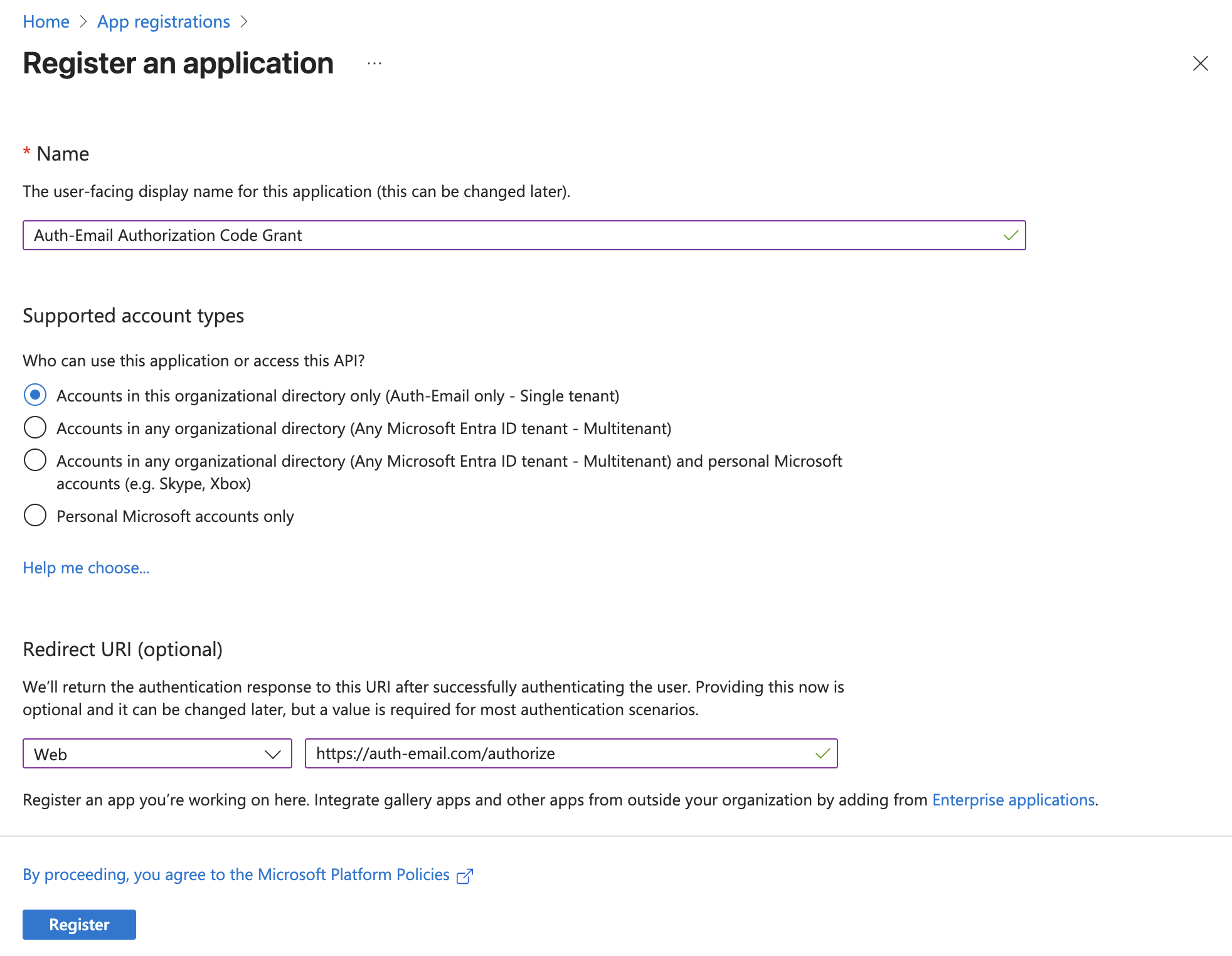 Entra application configuration