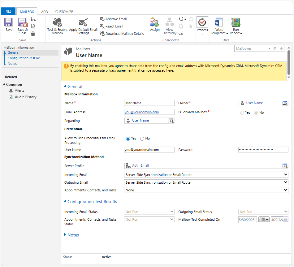 Microsoft Dynamics CRM 2016 Mailbox
configuration screen