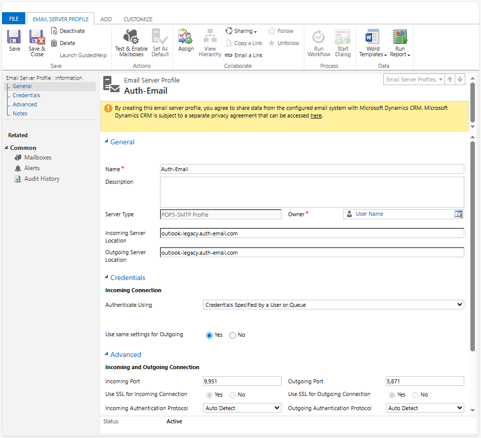 Microsoft Dynamics CRM 2016 Email
Server Profile screen
