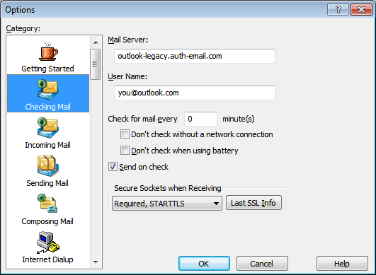 Eudora Checking Mail options screen