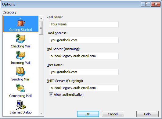 Eudora Getting Started options screen