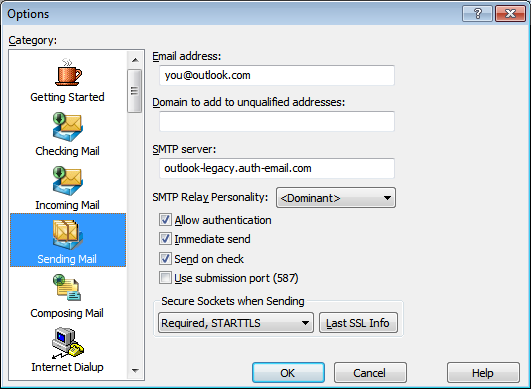 Eudora Sending Mail options screen
